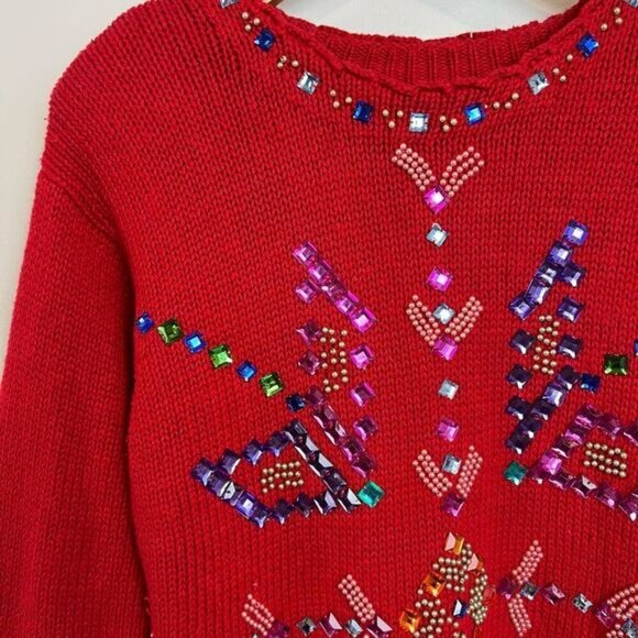 Vintage Joule Vintage Jeweled Sweater Women's Size M / L Bedazzled Christmas Red - Picture 14 of 15